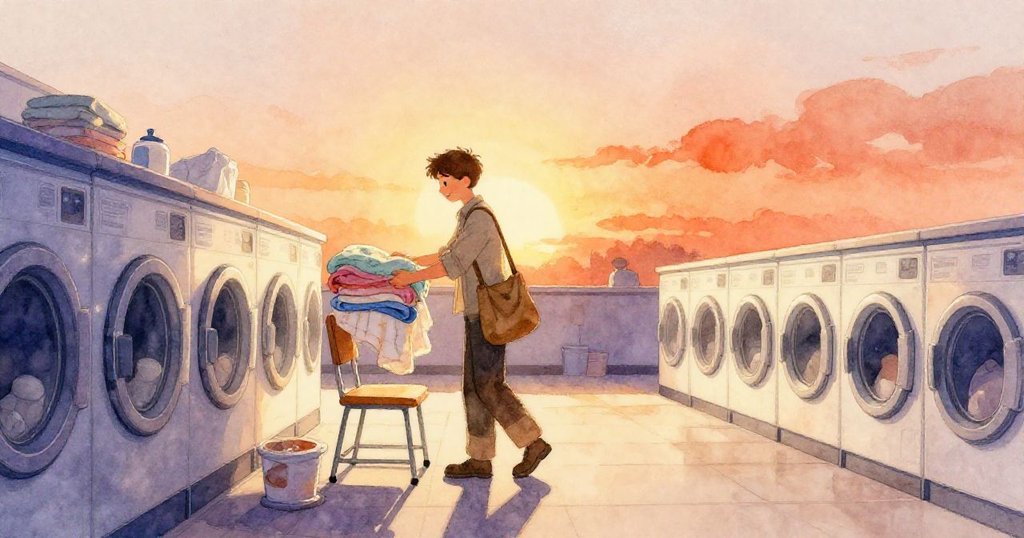 拉爾斯在洗衣店內輕輕疊好被子置於高椅上，隨後走出門外，金色夕陽灑落於身上，他溫柔拂去手上殘存的灰塵，心情寧靜。