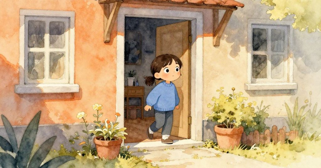 Elise 走向開著的門，外面的古樸住宅在晨光中顯得溫暖，展現出期待與好奇的表情。