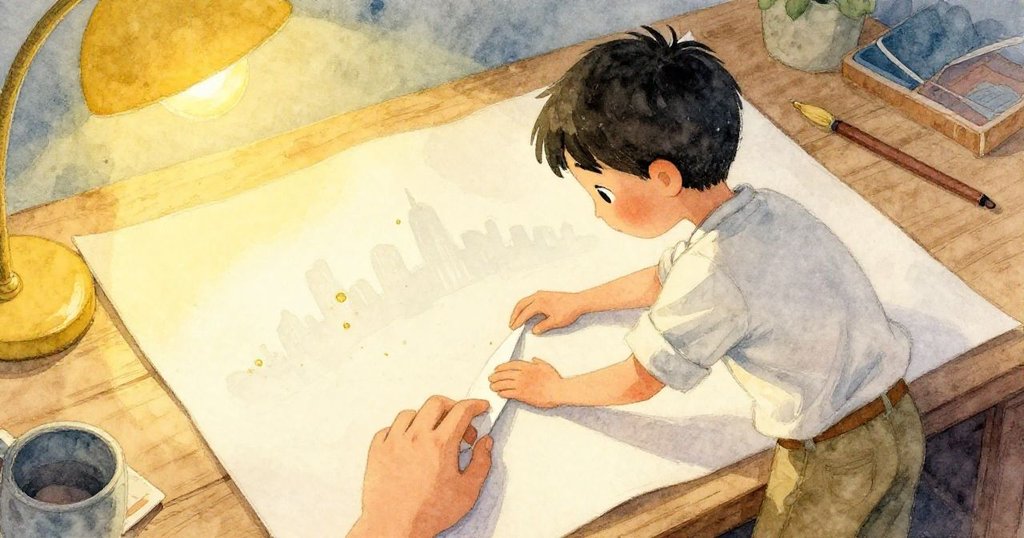 Theo 輕輕拍打著古樸桌上的米色紙張，金色斑點在燈光下閃爍，紙上逐漸顯露迷你天際線的輪廓。