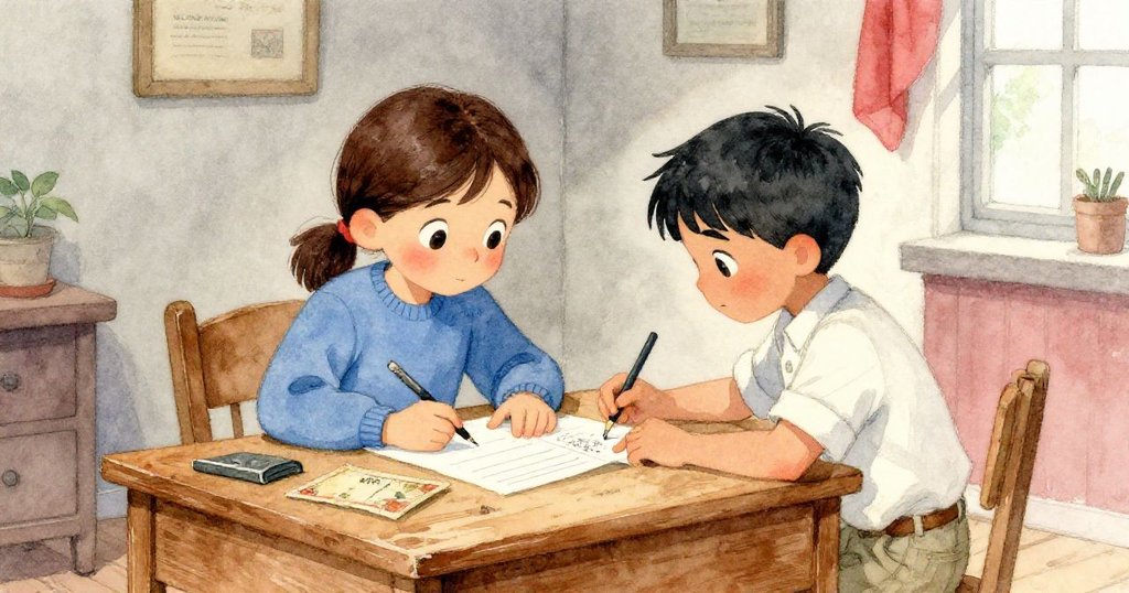 Elise 與 Theo 在溫暖室內的木桌前協作，前景的紙張、桌上散落的小物件與背景細緻陳設營造出層次豐富的情境。