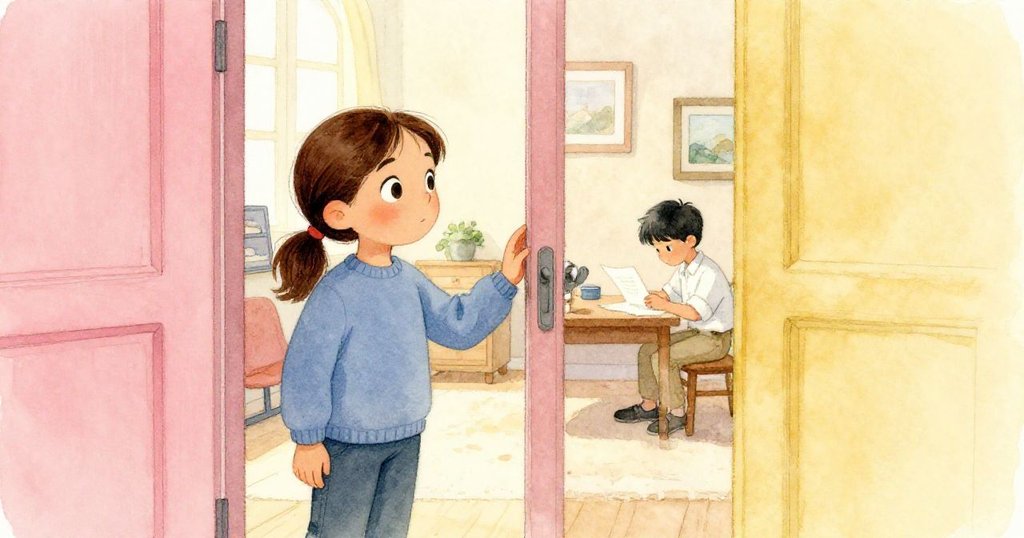 Elise 停在門口猶豫不決，眼神專注注視室內繼續創作的 Theo，室外自然光與室內暖燈光形成柔和對比。