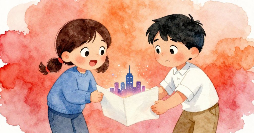 Elise 與 Theo 親密靠近，面帶喜悅凝望著展現微型天際線的紙張，溫暖明亮的色彩營造出共慶成功的氛圍。