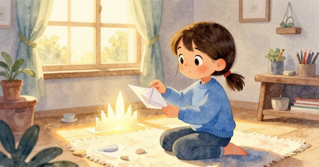 在夕陽灑落的室內，Elise 輕觸紙張完成最後一摺，紙上閃爍的微型天際線與溫暖光影共塑寧靜美好收尾。