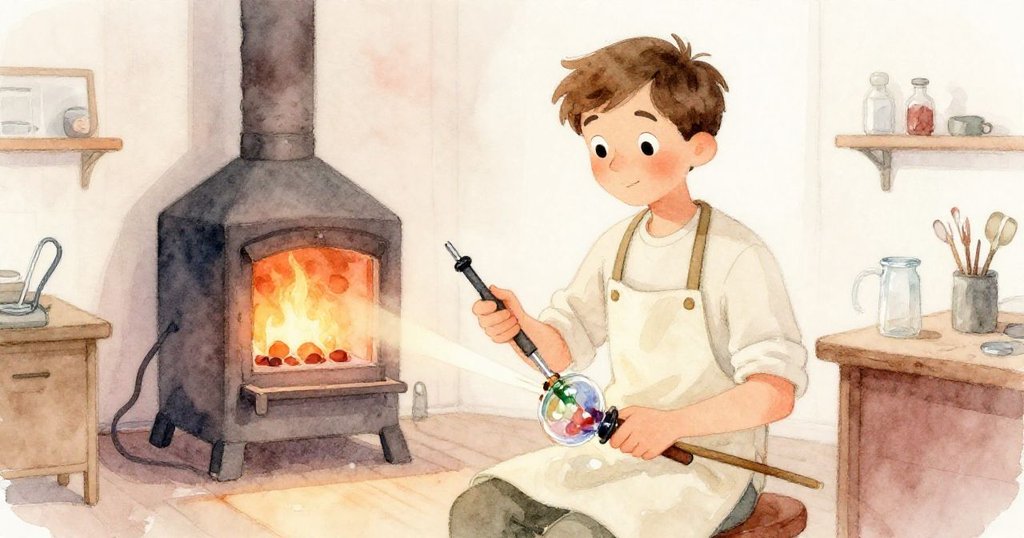 肯特在玻璃工坊內用傾斜角度操作吹管，背景火爐熊熊燃燒，情緒專注且充滿期待，展現創作起始。