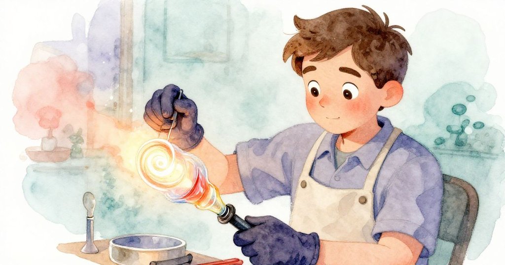 肯特專注調整吹管，玻璃上螺旋紋路閃爍，細節靜謐，象徵著創造力與巧思。