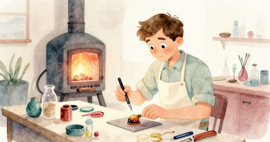 在多層次光影中，肯特在火爐和工具圍繞的工作台前專注操作玻璃，呈現精湛工藝與情感交織。