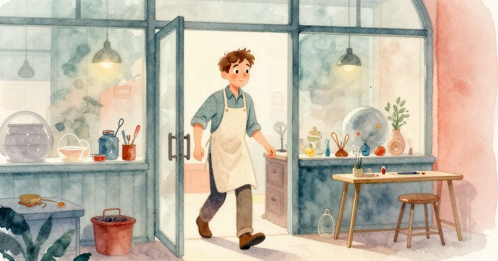 肯特走出玻璃工坊，站在開放的退火爐門旁欣賞柔和夜光，內外溫差形成平靜對比，充滿成就感。