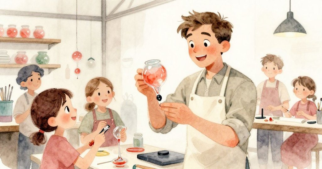 肯特與工坊同伴慶賀新成品，室內溫馨燈光中笑容滿面，展現藝術創造與團隊支持的暖心時刻。