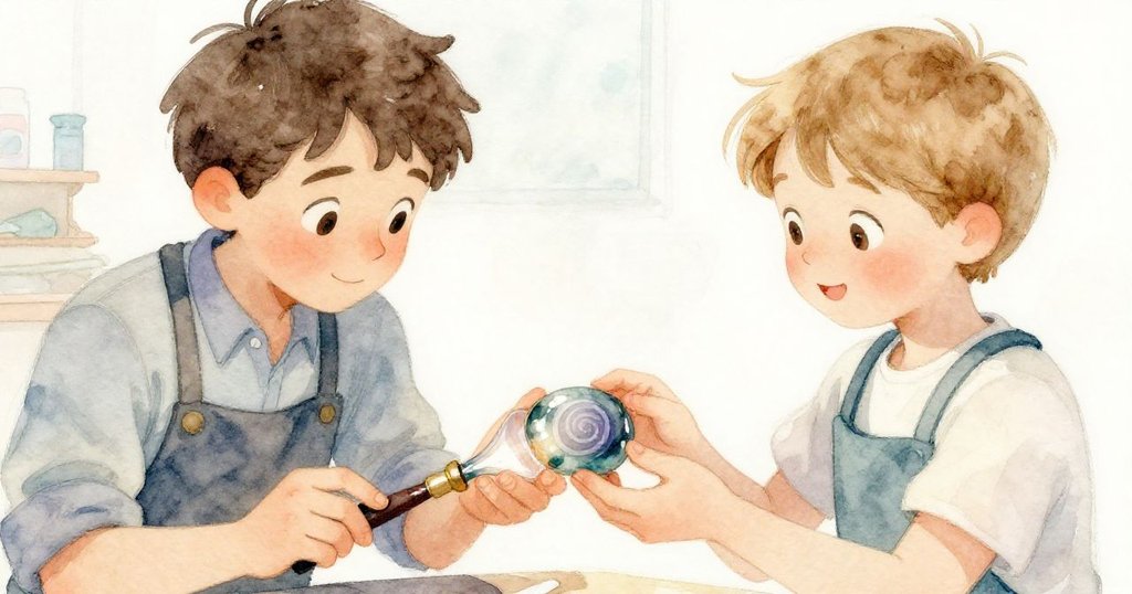 肯特溫柔地將刻有螺旋紋的小玻璃寶石遞給學徒，雙方眼神交流流露教導與渴望，呈現傳承美好時刻。