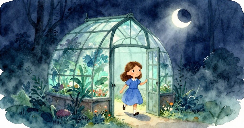 妮娜推開溫室門，進入充滿霧氣與蒸汽的古舊溫室，眼中滿是好奇與期待。