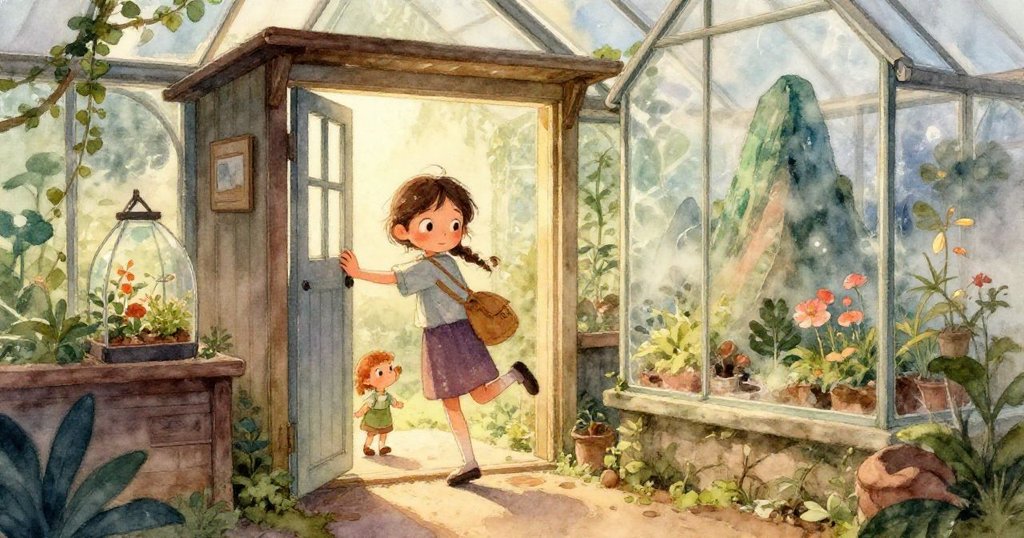 妮娜的手指輕觸粗糙玻璃，凝視著細膩水滴在青苔上滑落，探索神秘質感。