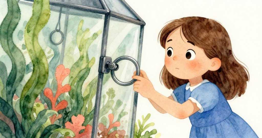 妮娜蹲伏於玻璃園底，抬頭注視鎖圈機構，神情堅定中流露驚奇。