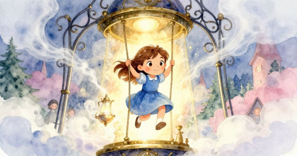 格蕾塔興奮地穿越鐵製入口,背景中蒸氣彌漫與閃爍的燈室展現冒險起點,動感十足。