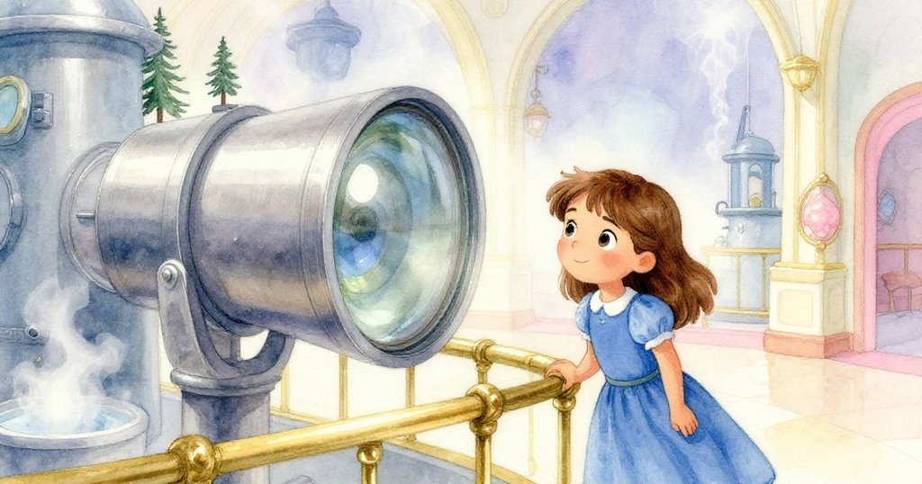 格蕾塔靜靜依靠在銅質欄杆上,背景空曠的機械房中充斥蒸氣與光影,流露出深沉思索。