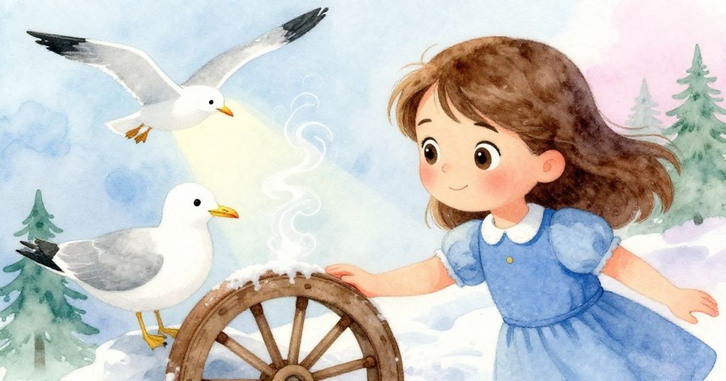 以海鷗視角,格蕾塔輕觸結霜鹽霧的通風輪,其間蒸氣與光影交織,細緻展現環境與動作。