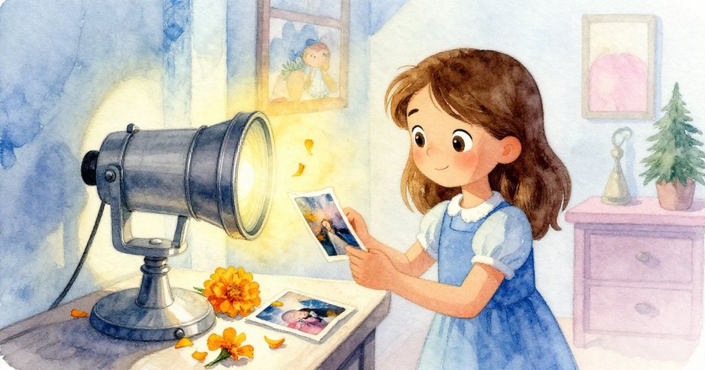 在柔和晨光中,格蕾塔在燈室內細看舊照片和甦醒的萬壽菊花瓣,回憶與現實交錯,情感溫暖。