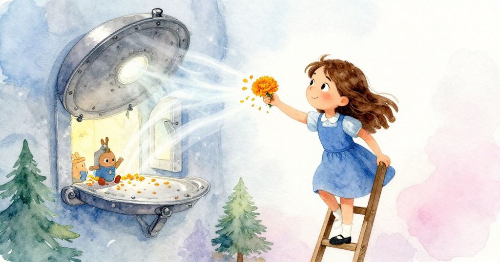 格蕾塔攜帶花瓣爬上梯子,背後半開入口送出涼風,畫面傳達出冒險未完、充滿希望的延續。