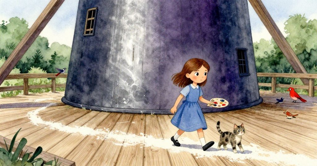 Vera 在古老磨坊內行走,木地板上濕潤麵粉痕跡明顯,伴隨著小動物,神情堅定充滿探索精神。