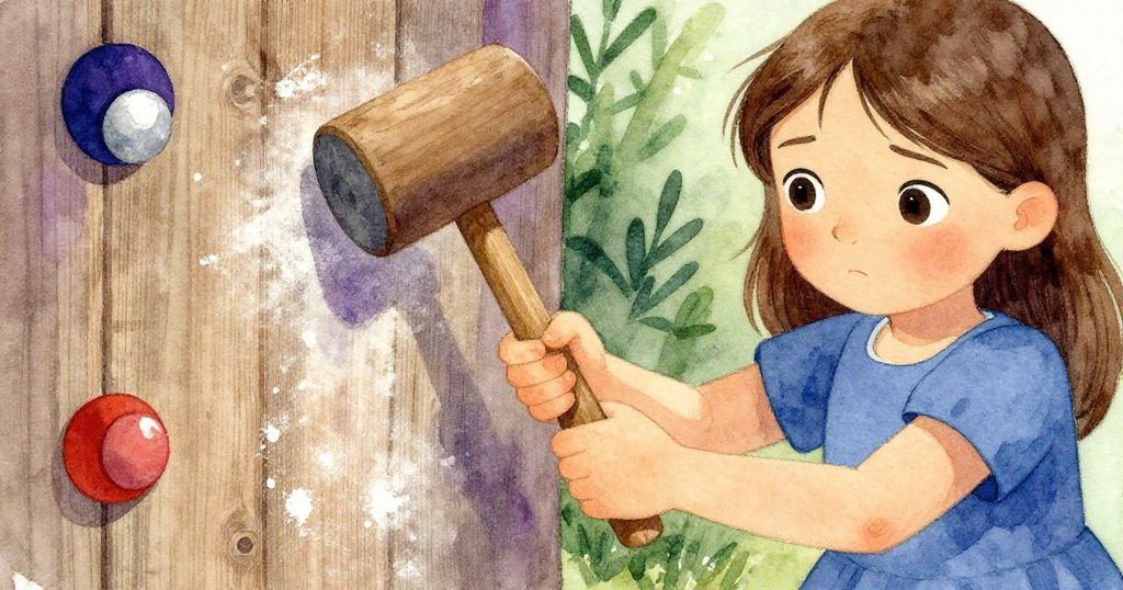 Vera 專注地用小錘敲打舊木塞,細膩麵粉痕跡映出磨坊歷史,神情認真,手勢充滿探究。