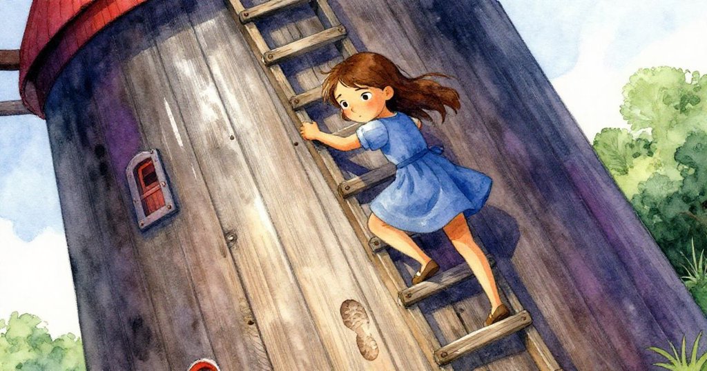 Vera 攀爬狹窄梯子,塵封樓板上新鮮靴印格外明顯,她眼中充滿好奇與堅定,角度傾斜展現動感。