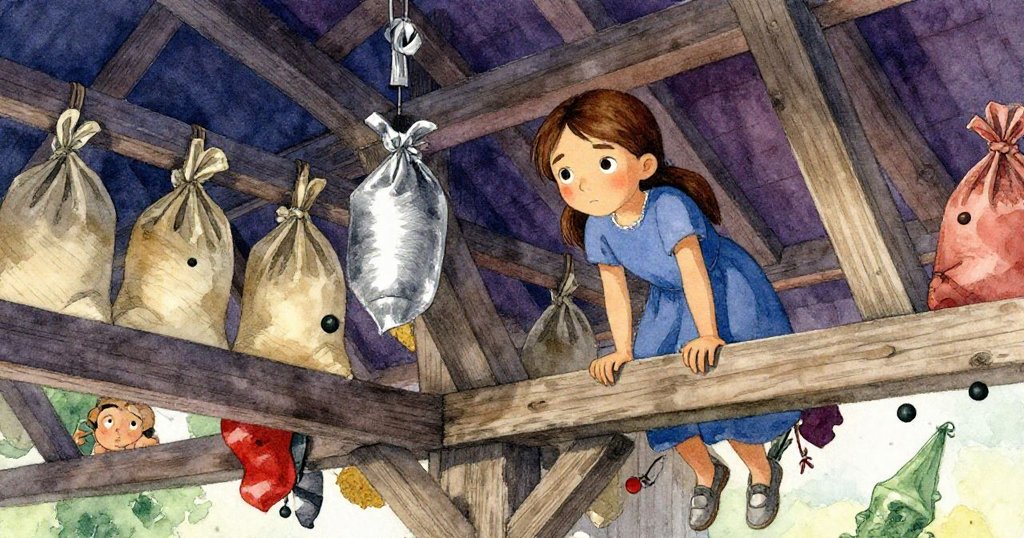 Vera 在上層橫樑上仔細傾聽,四周穀袋與老舊木樑交織成神秘空間,柔光瀰漫帶出溫暖安靜感。