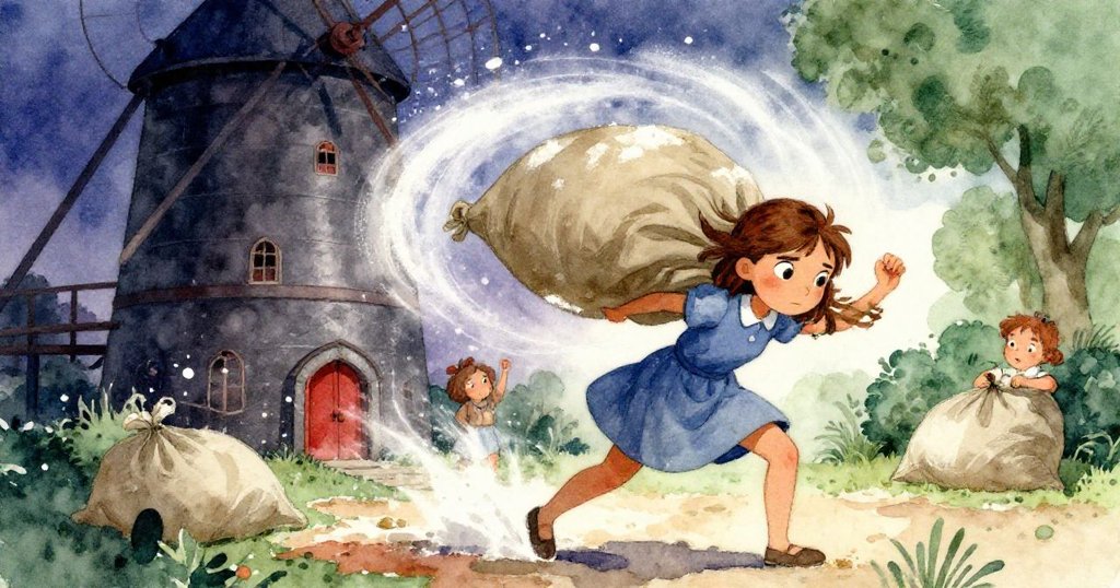 Vera 用力撐起穀袋,橫樑下麵粉隨動作飛揚,她滿臉堅定與專注,動作充滿力量與決心。