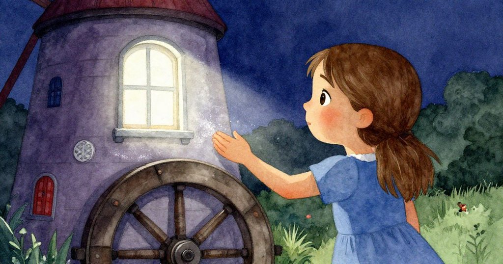 Vera 靜立於磨輪旁,手輕拂著冰冷金屬,麵粉隨光飛舞,表達出平靜解答與全新開始的希望。