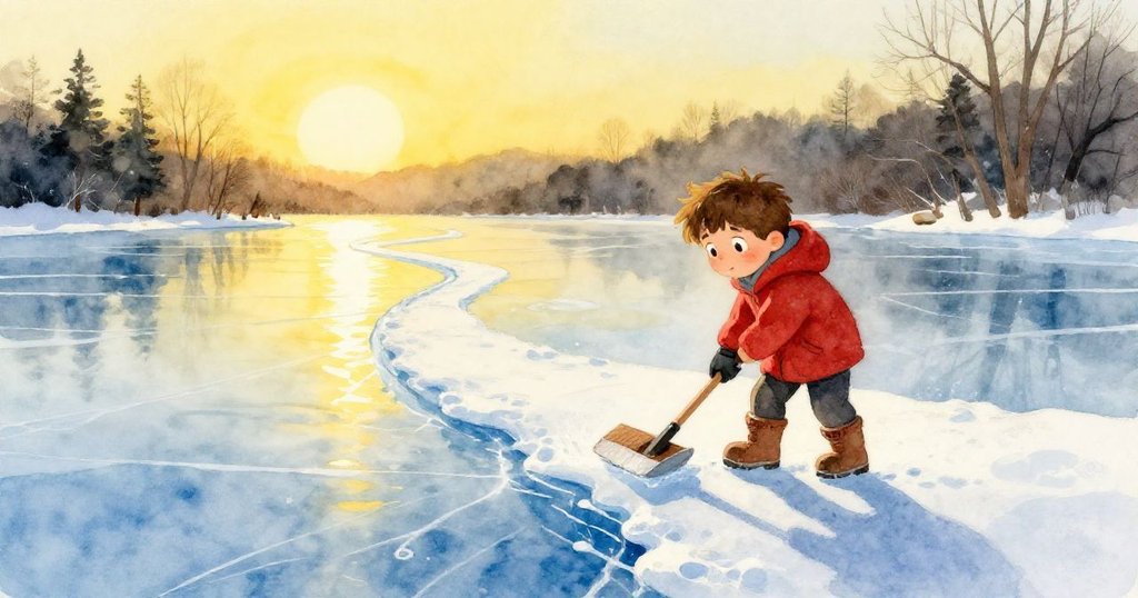 伊萊在冰凍湖上清掃狹窄冰道,晨曦金光閃爍,冰面映出耀眼光芒,展現堅定又充滿挑戰的冬日早晨。