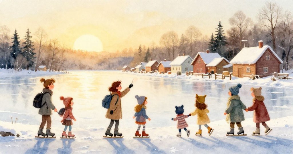 伊萊的冬靴踩在冰面上,松針與紙屑點綴其間,晨光映出冰面細節,呈現小心而堅定的冰路前行。