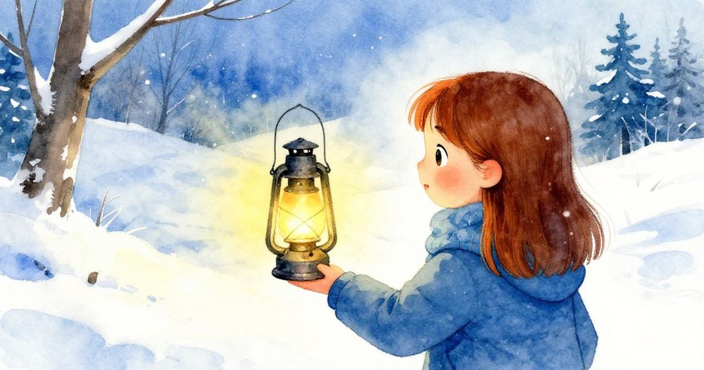 伊萊背後視角中,克拉拉手持破舊鍍錫燈走入冰道,燈光投出溫暖琥珀光束,呈現專注而期待的情景。