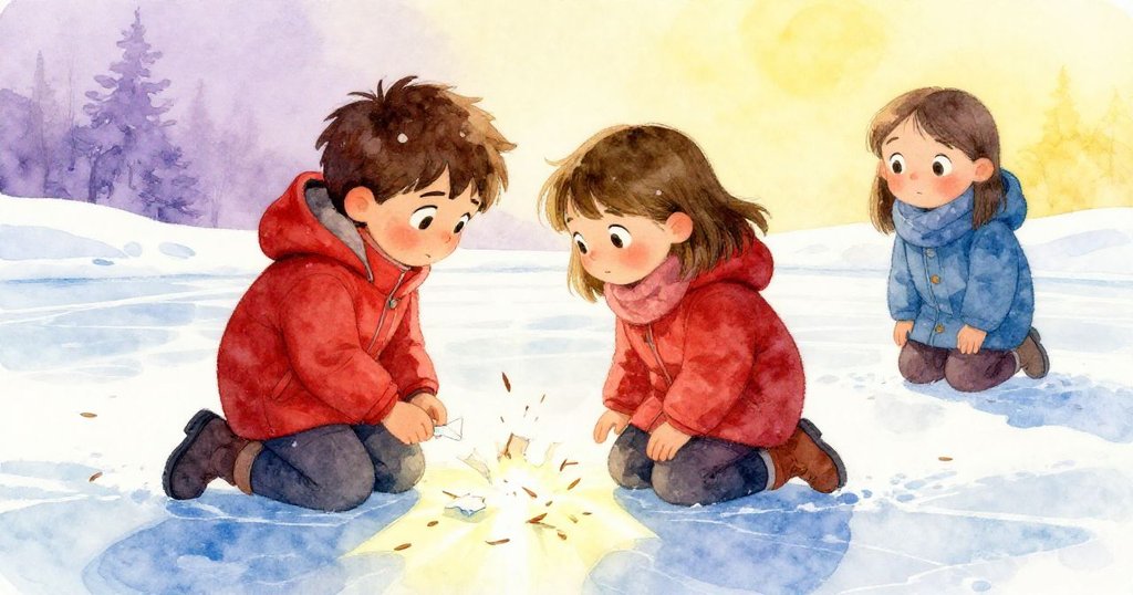 克拉拉跪在冰道上撒出撕裂紙片與松針,分隔出冰面光暗對比,伊萊在遠處觀察,展現共同解決困境的創意情景。