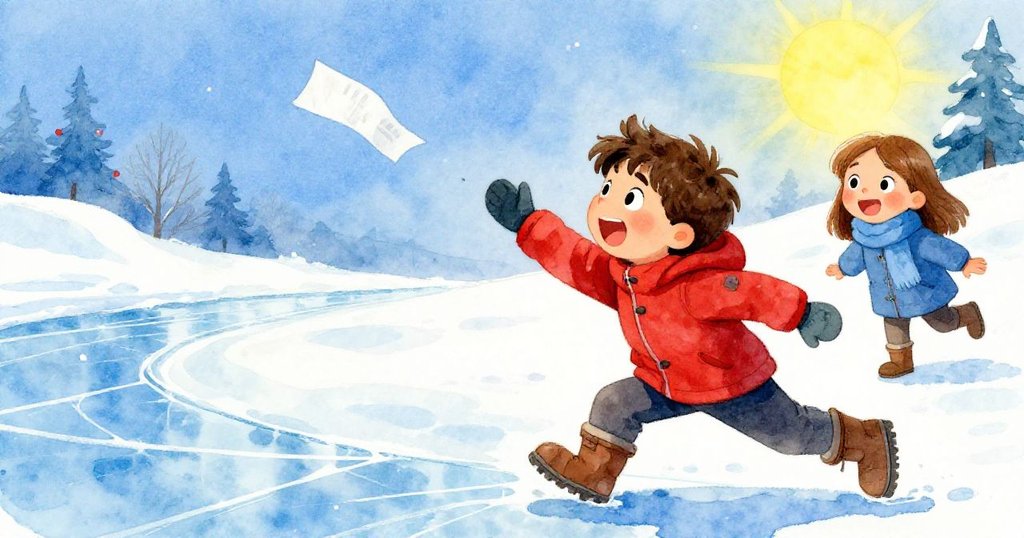 伊萊奮力躍起抓取被風吹起的紙片,克拉拉在背景笑容滿面,展現了冰道上充滿活力與歡樂的互動瞬間。