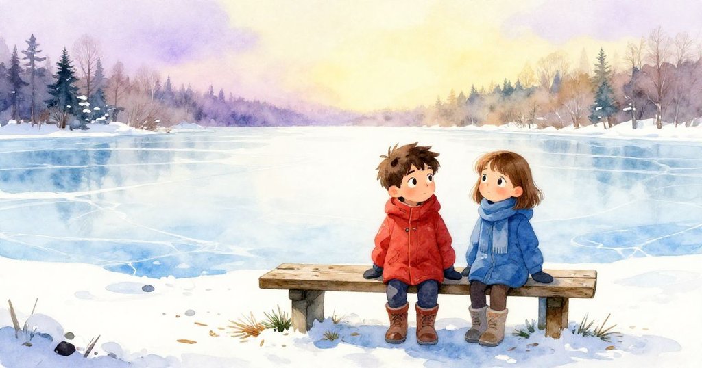 中午時分,伊萊與克拉拉在冰湖旁的舊長椅上休息,溫柔光線中整理殘留紙片與松針,臉上流露著安詳與喜悅。