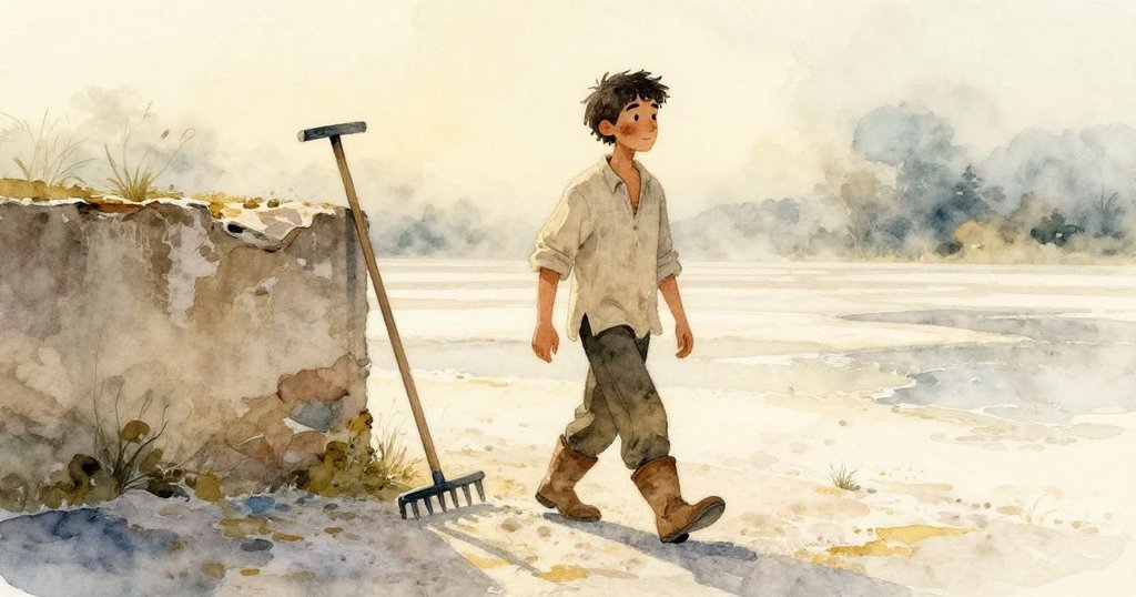 Erik在微霧清晨踏過廣闊鹽田，用木耙觸碰涼爽異樣，背景中鹽牆與晨光展現寧靜情景。