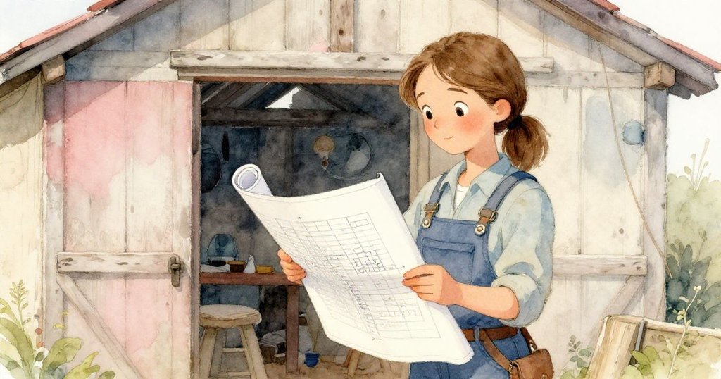 Pearl在棚後展開藍圖，指向淡粉與象牙色網格池塘，神情專注計劃未來藍圖細節。