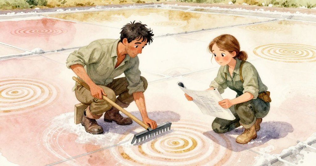 Erik和Pearl在鹽田中發現螺旋和網格交錯的神秘幾何圖案，雙雙俯身檢視，神情充滿驚奇與專注。