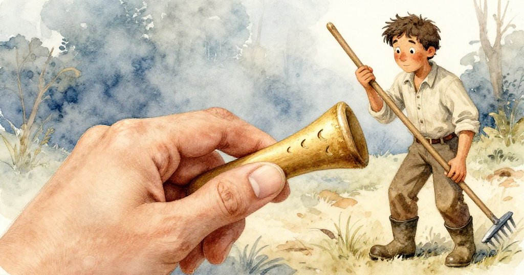 Erik停下來檢視新工具，指尖觸碰刻有月牙痕跡的平滑手柄，細膩光影中流露驚喜與沉思。