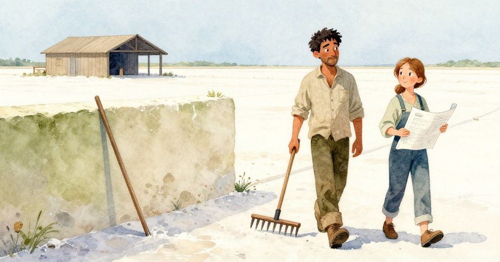 Erik和Pearl在廣闊鹽田中向棚子走去，耙子倚牆靜立，兩人身影小巧卻滿懷堅定與寧靜。