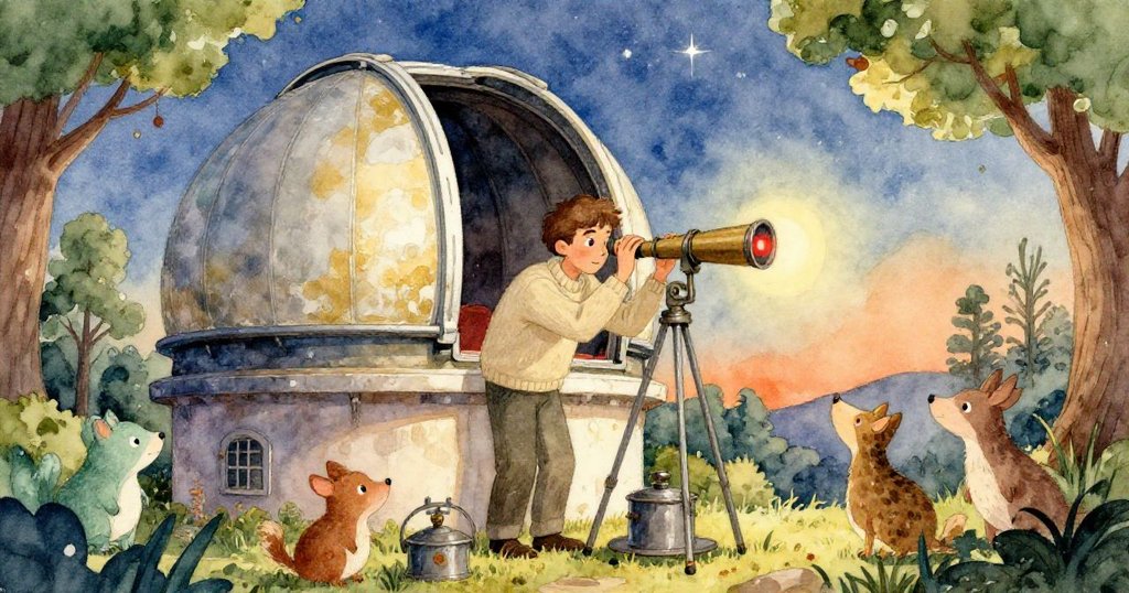 瑞德在老舊觀星臺中忙碌，周遭有好奇的小動物圍觀，天空星光閃爍，表情專注而溫暖