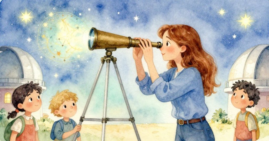 Dawn在透明望遠鏡面前凝神注視，星圖鋪展在桌上，臉上流露驚奇與專注，環境夢幻柔和