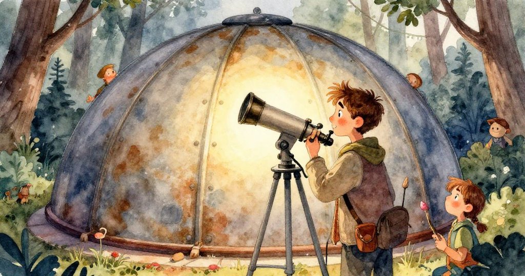 望遠鏡內部呈現不可能的幾何形狀，扭曲金屬與紅燈光中，一根輕柔羽毛靜靜飄落，夢幻又神秘