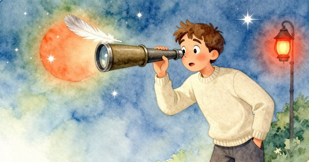 瑞德凝視望遠鏡中飄過的羽毛，臉上流露驚訝與平和，星空暫被打斷，一刻凝固充滿魔幻感