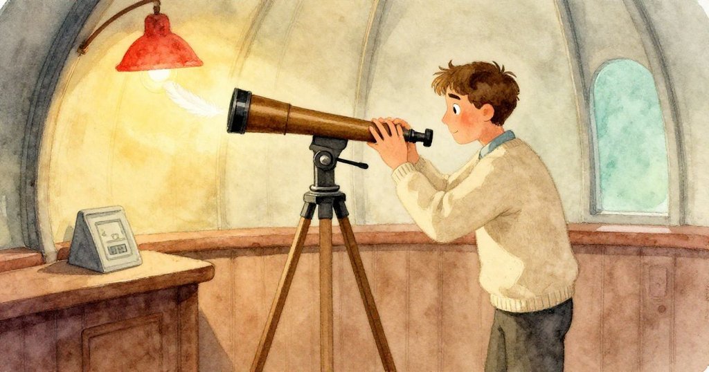 瑞德在觀星臺角落鎖定控制輪，臉上展現平靜滿足，紅燈映照下羽毛微光如小彗星，結局溫馨