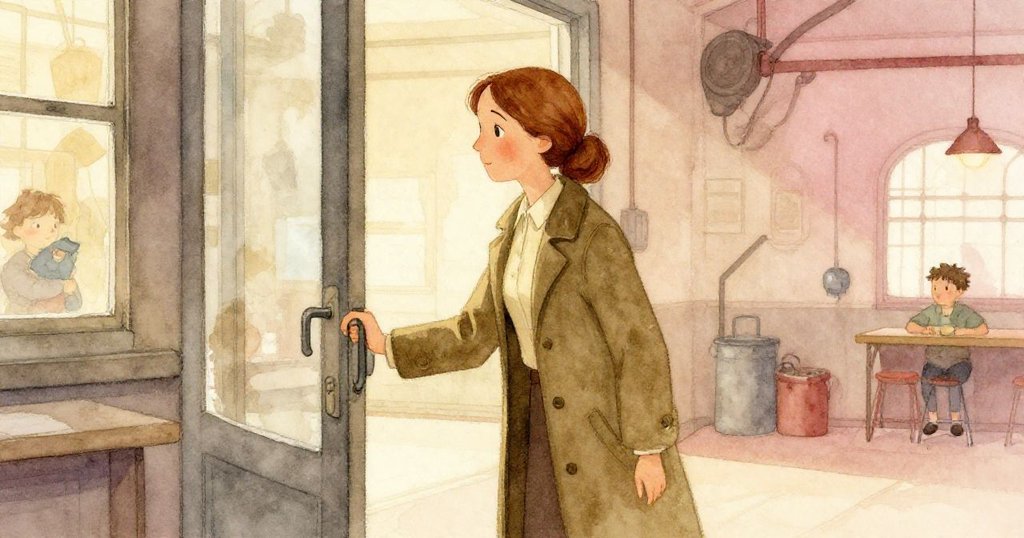 莉婭在黎明時分推開玻璃門，步入充滿洗衣機的場景，臉上流露出好奇與期待情緒，故事開始展開。