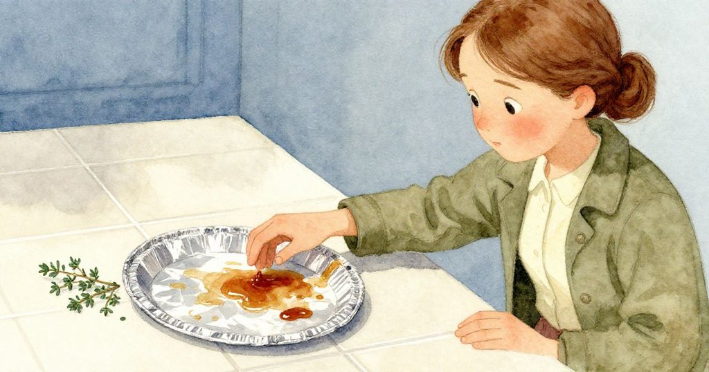 莉婭跪在瓷磚地板上，輕觸皺摺的鋁箔盤，盤上有乾涸的肉汁和些微受損的百里香，充滿專注與驚喜。