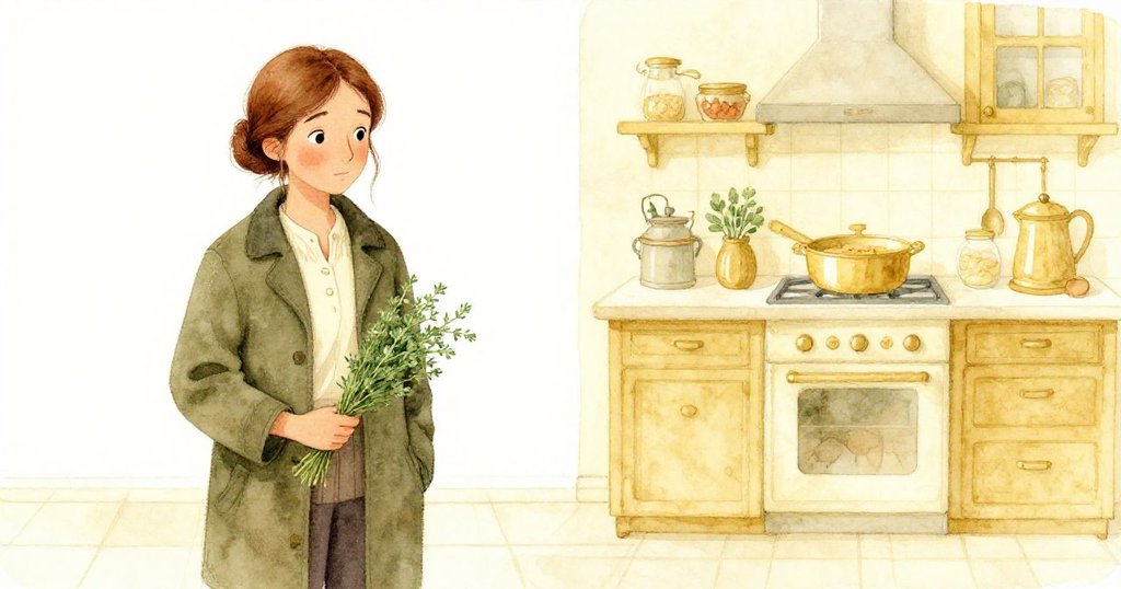 莉婭記憶中曾計劃熬湯，左側現實中她捧著百里香凝思，右側隱約呈現溫馨廚房畫面，回憶與現實交融。