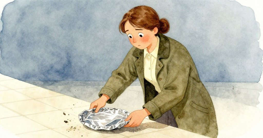 莉婭專注地扭轉皺摺鋁箔盤，污漬隨著動作漸漸脫落，旁邊等候的網狀垃圾箱見證了轉捩點的決心。