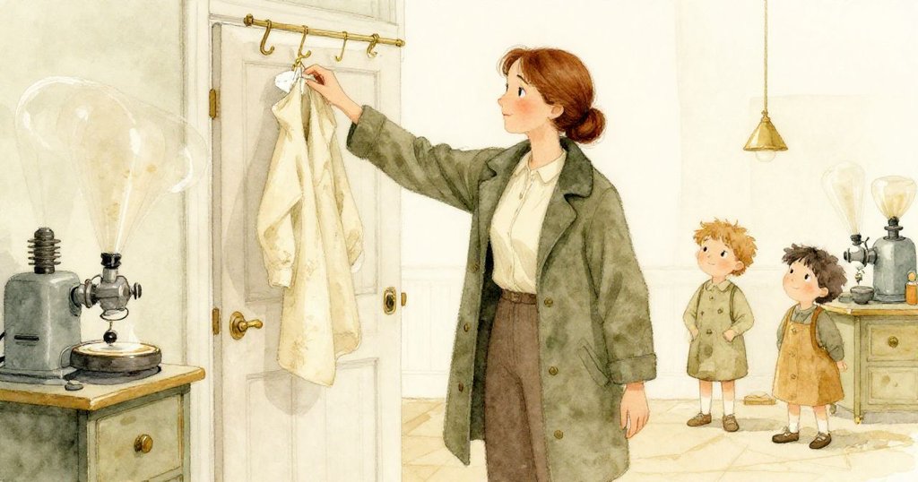 莉婭丟棄鋁箔盤後從掛鉤上取下外套，輕拍除去毛絮，面對開啟的門和嗡嗡作響的機器，展現出全新起點的決心。