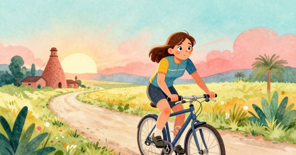 費伊在晨曦中騎行前往窯場,陽光映照路面,神情期待且充滿微妙驚奇,展現故事開端。