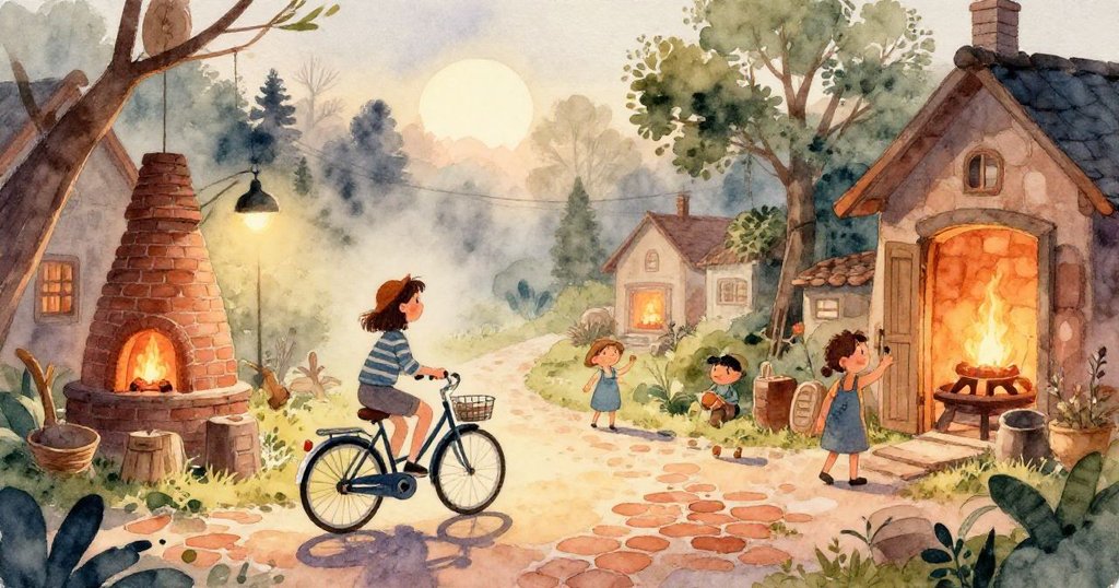 費伊伸手打開窯場門,聚焦她溫暖手套與燃燒灰燼中細緻裂紋,神情專注探索秘密。